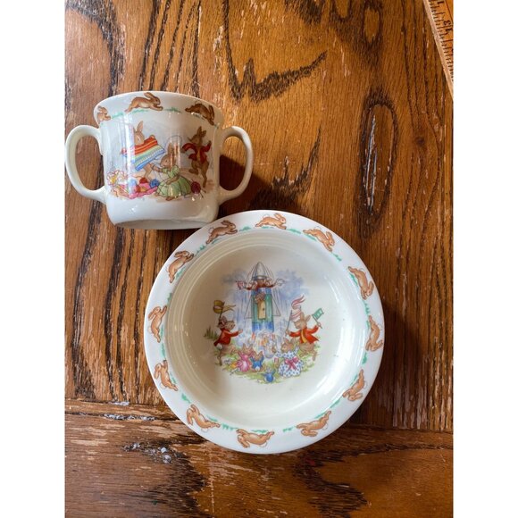 Royal Doulton Bunnykins Baby Plate & Mug Set Vintage Bone China England Bunny Sc - Picture 1 of 9